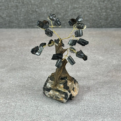 Natural Black Tourmaline Bonsai Tree with Quartz Tourmaline Base