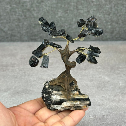 Natural Black Tourmaline Bonsai Tree with Quartz Tourmaline Base