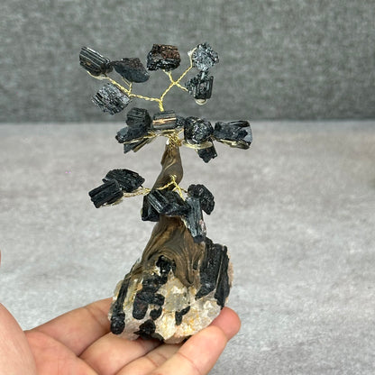 Natural Black Tourmaline Bonsai Tree with Quartz Tourmaline Base