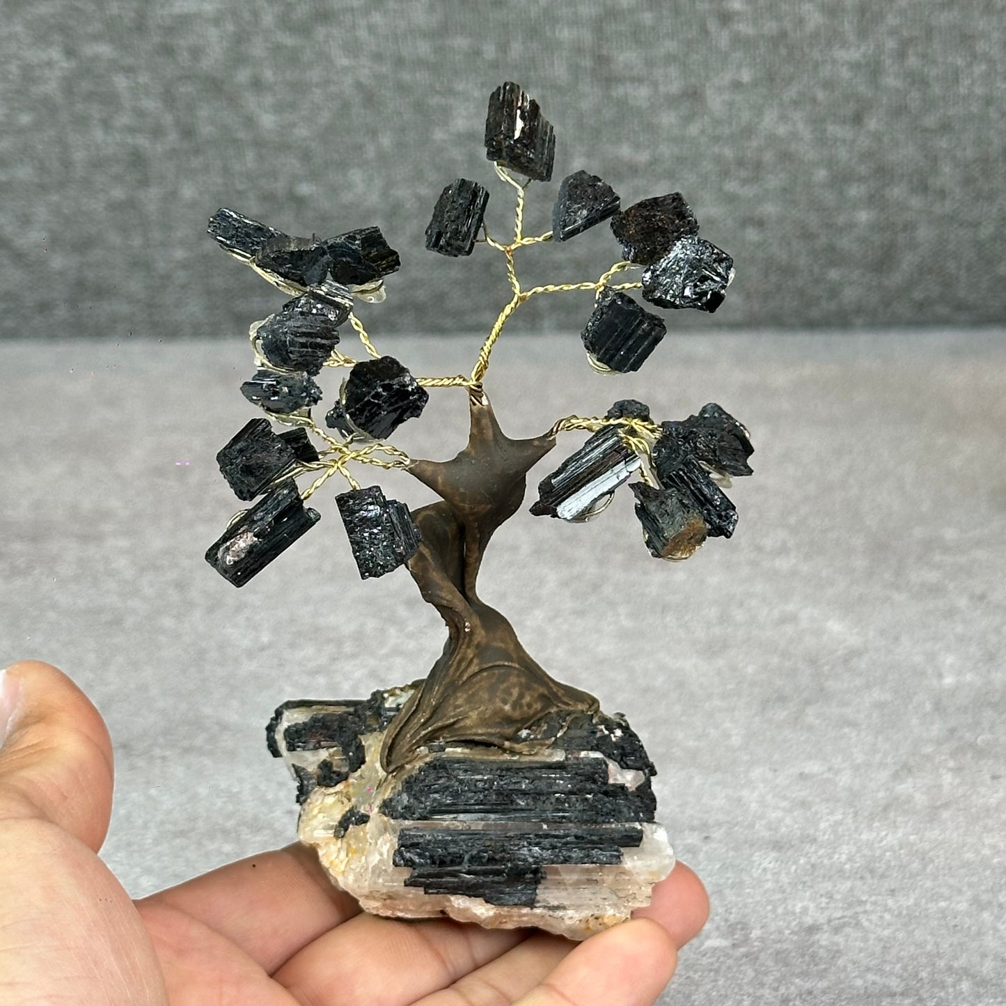 Natural Black Tourmaline Bonsai Tree with Quartz Tourmaline Base