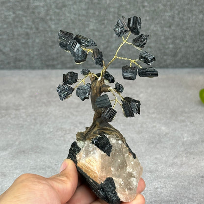 Natural Black Tourmaline Bonsai Tree with Quartz Tourmaline Base