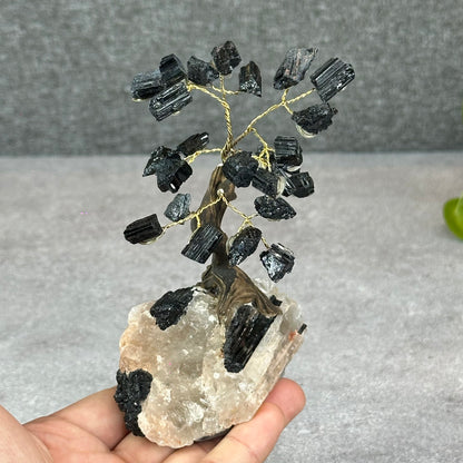 Natural Black Tourmaline Bonsai Tree with Quartz Tourmaline Base