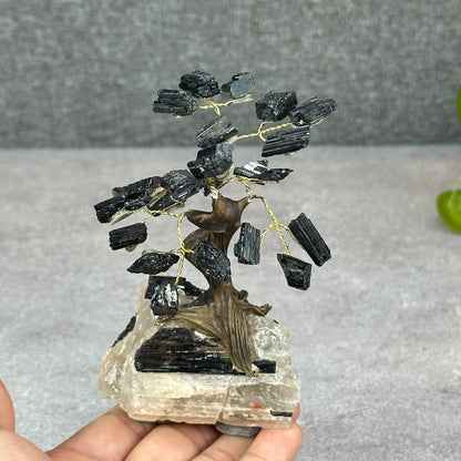 Natural Black Tourmaline Bonsai Tree with Quartz Tourmaline Base