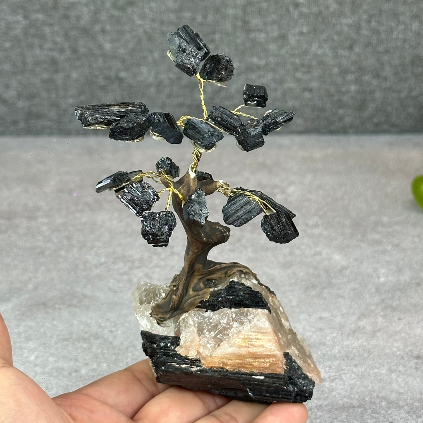 Natural Black Tourmaline Bonsai Tree with Quartz Tourmaline Base