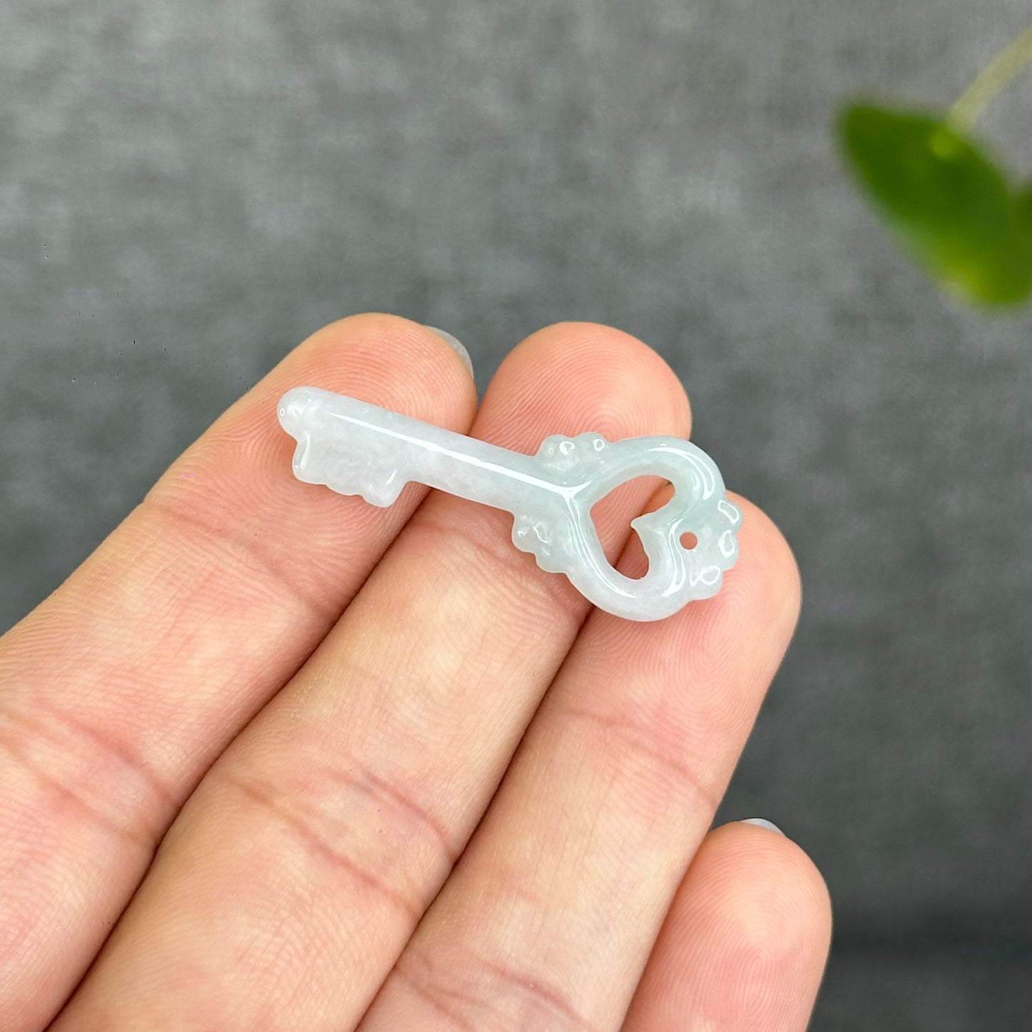 Natural Ivory Light Green Semi-Translucent Jadeite Jade Key Charm