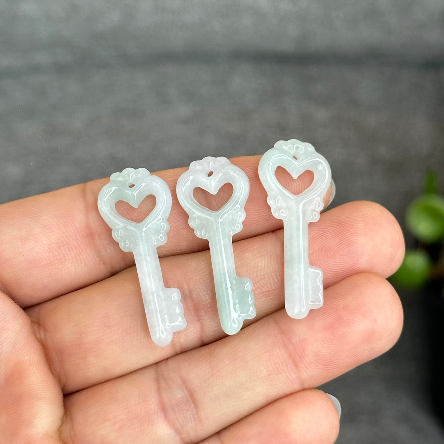 Natural Ivory Light Green Semi-Translucent Jadeite Jade Key Charm