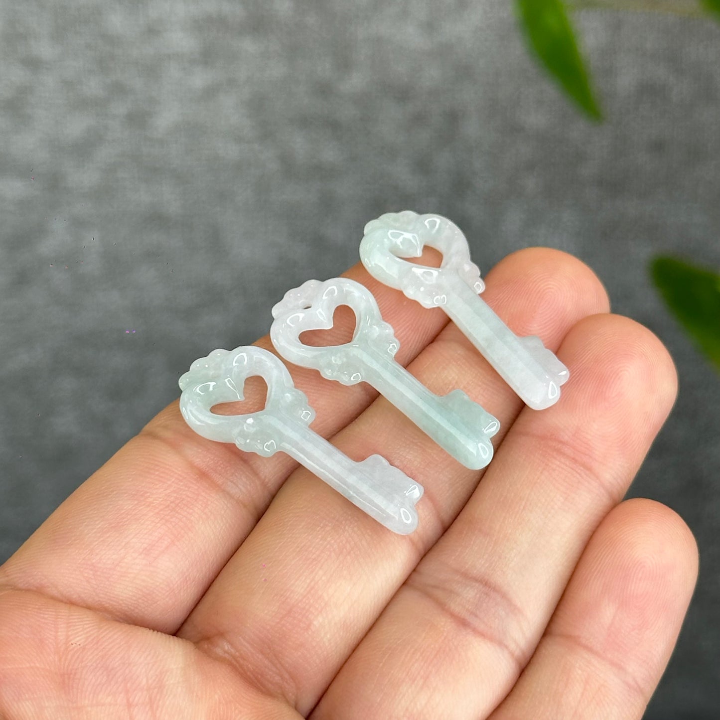 Natural Ivory Light Green Semi-Translucent Jadeite Jade Key Charm