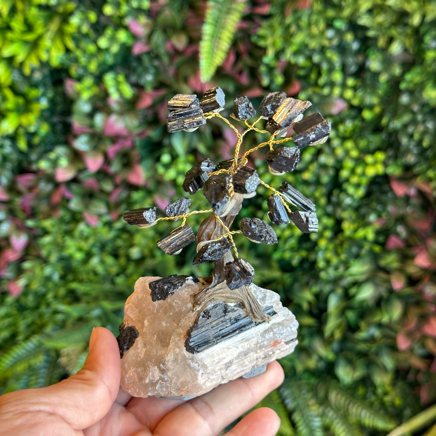 Natural Black Tourmaline Bonsai Tree with Quartz Tourmaline Base