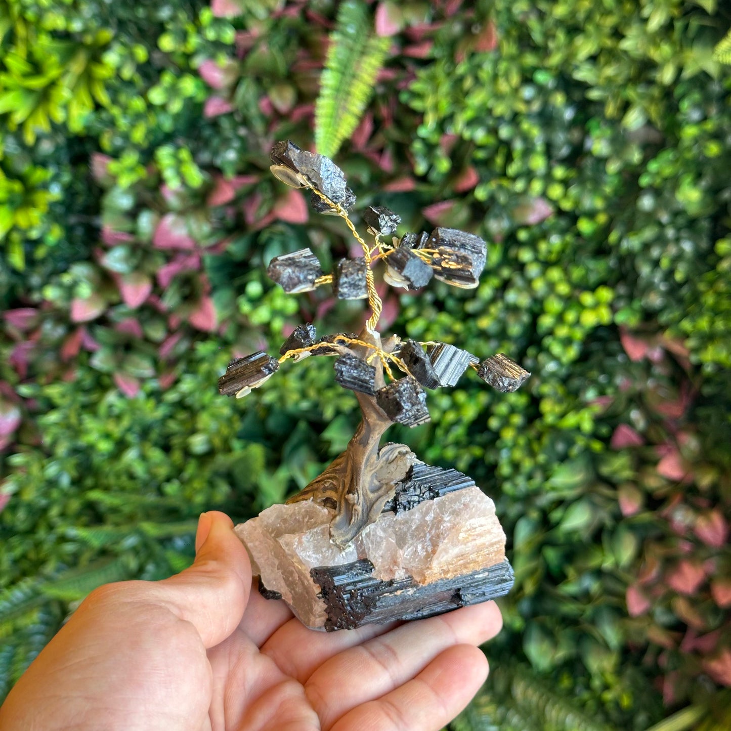 Natural Black Tourmaline Bonsai Tree with Quartz Tourmaline Base