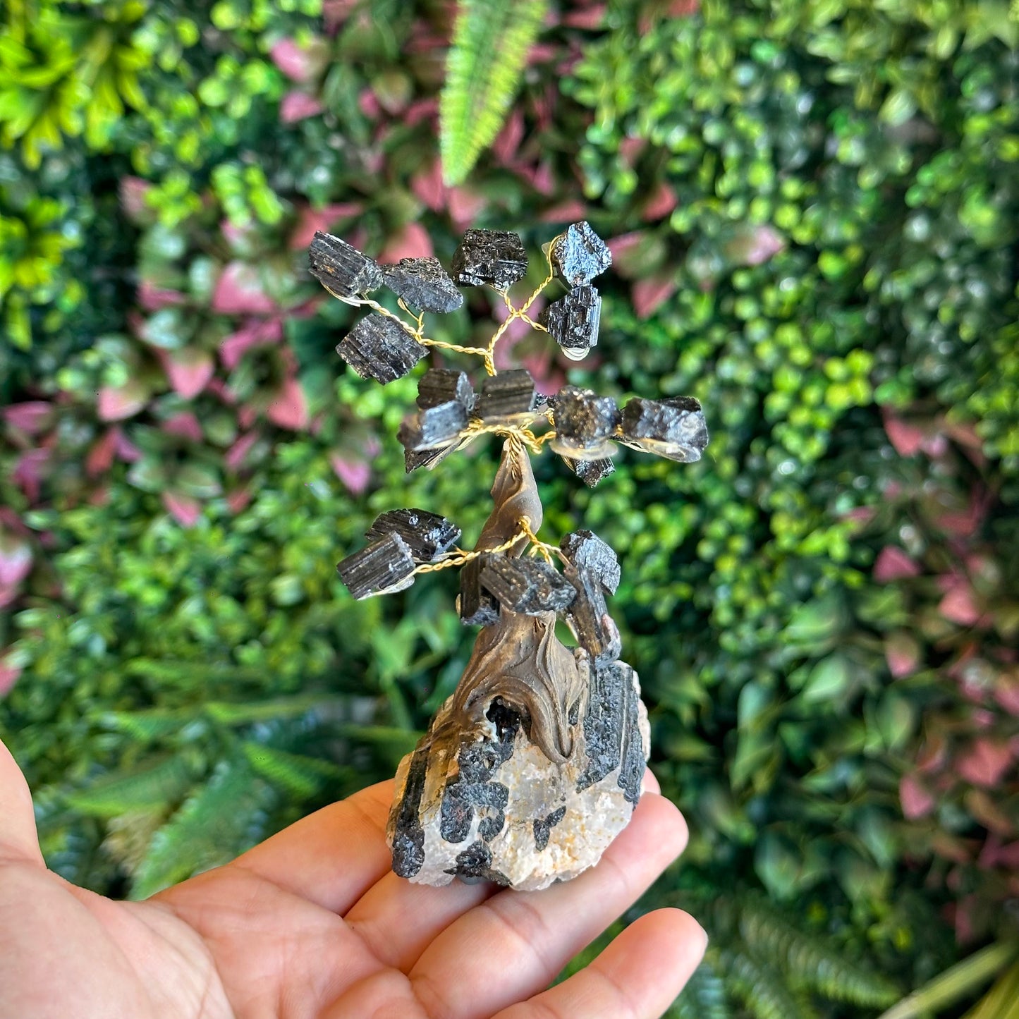 Natural Black Tourmaline Bonsai Tree with Quartz Tourmaline Base