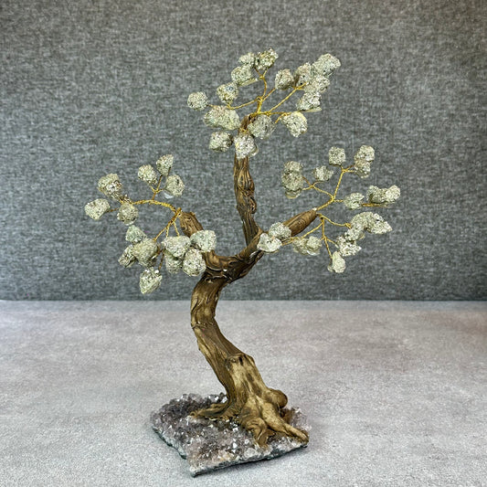 Natural Pyrite Bonsai Tree with Amethyst Base