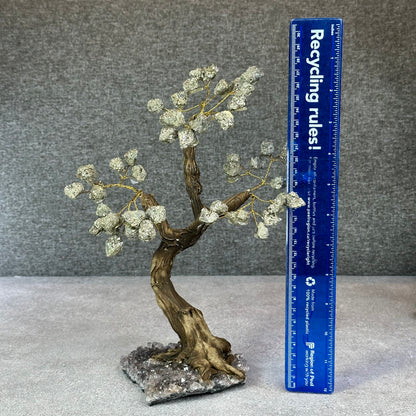 Natural Pyrite Bonsai Tree with Amethyst Base