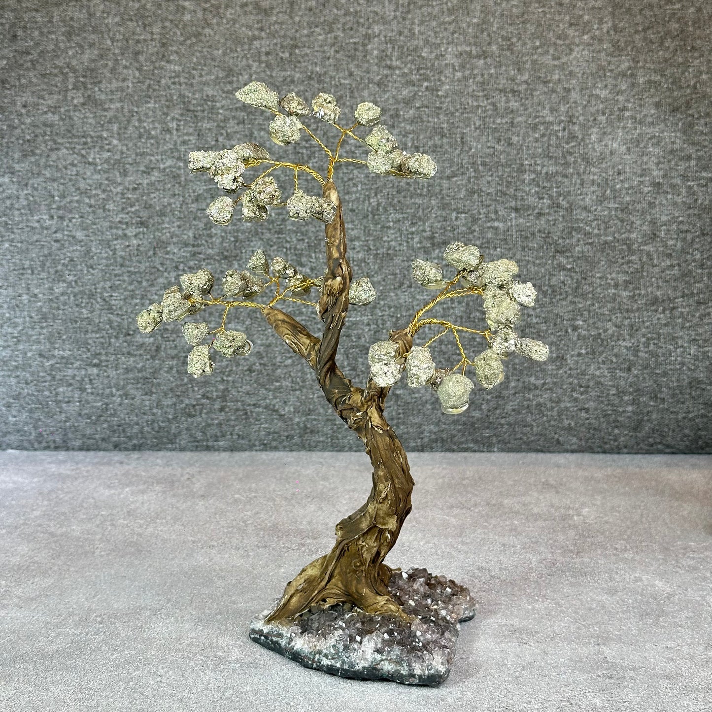 Natural Pyrite Bonsai Tree with Amethyst Base