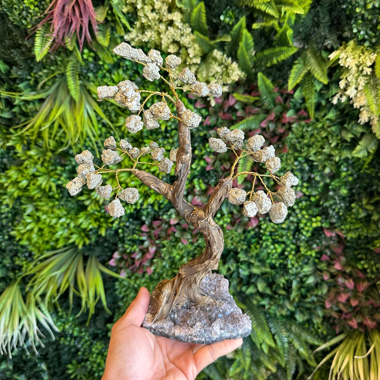 Natural Pyrite Bonsai Tree with Amethyst Base