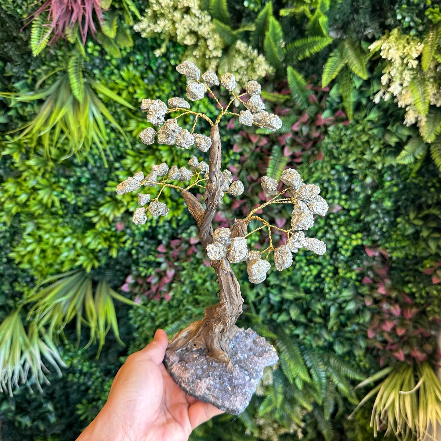 Natural Pyrite Bonsai Tree with Amethyst Base