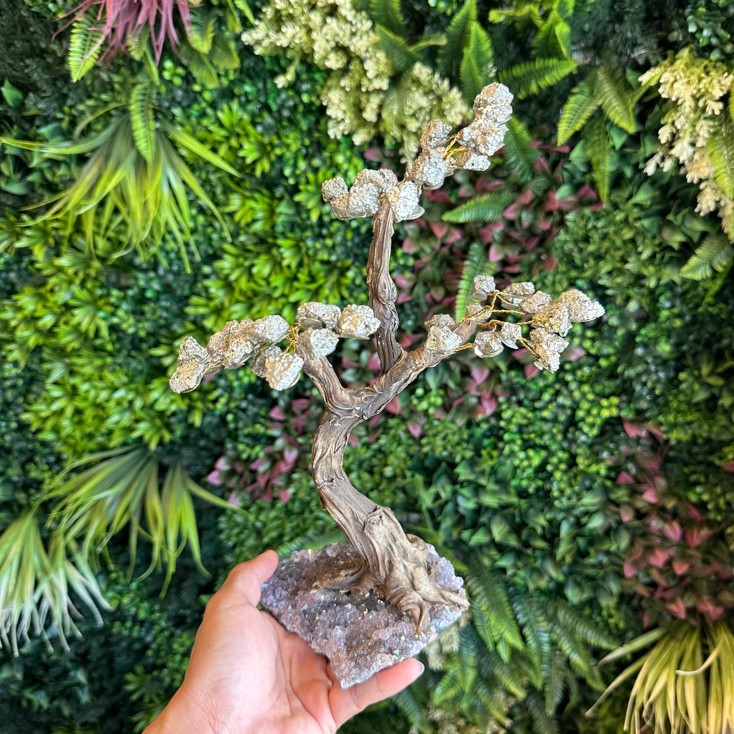Natural Pyrite Bonsai Tree with Amethyst Base
