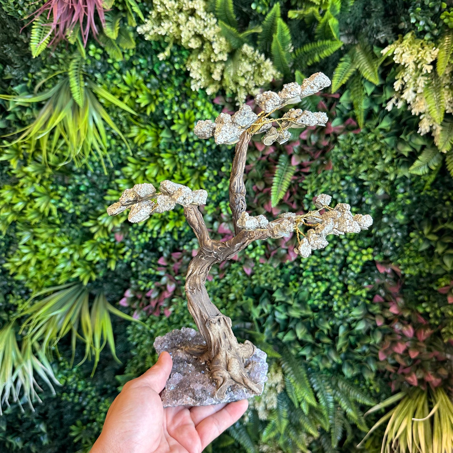 Natural Pyrite Bonsai Tree with Amethyst Base
