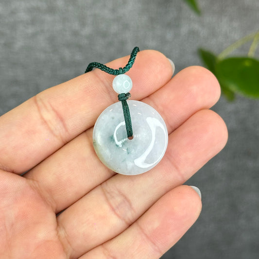 Natural Semi-Translucent  Floating Moss Floral Green Jadeite Jade Donut Necklace