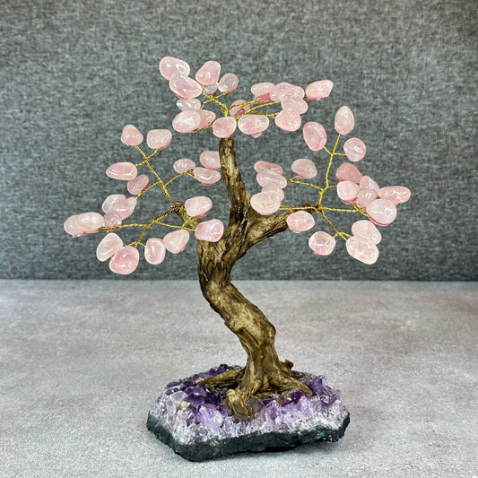 Natural Rose Quartz Bonsai Tree with Amethyst Base