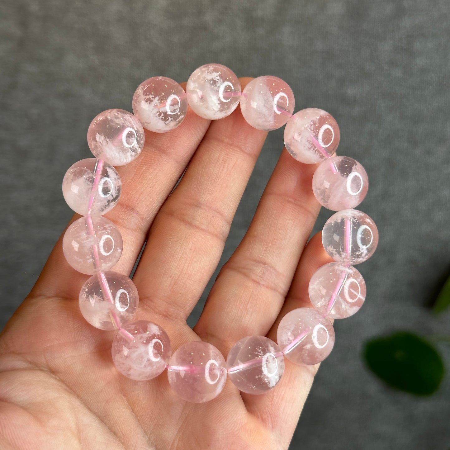 Snowflake Phantom in  Natural Rose Quartz Bracelet Size 14 mm