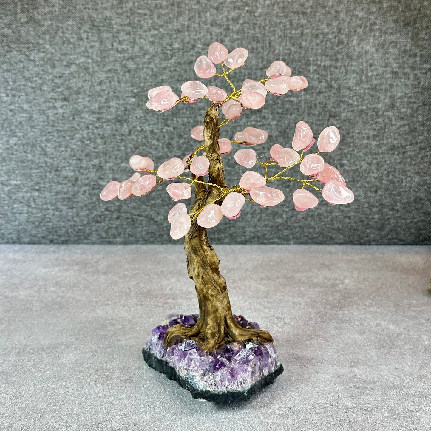 Natural Rose Quartz Bonsai Tree with Amethyst Base