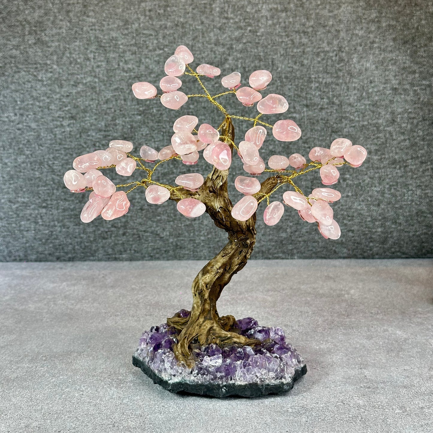 Natural Rose Quartz Bonsai Tree with Amethyst Base
