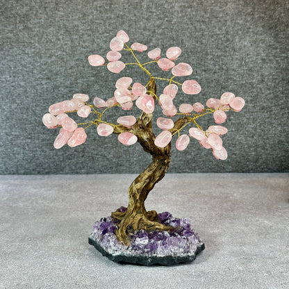 Natural Rose Quartz Bonsai Tree with Amethyst Base