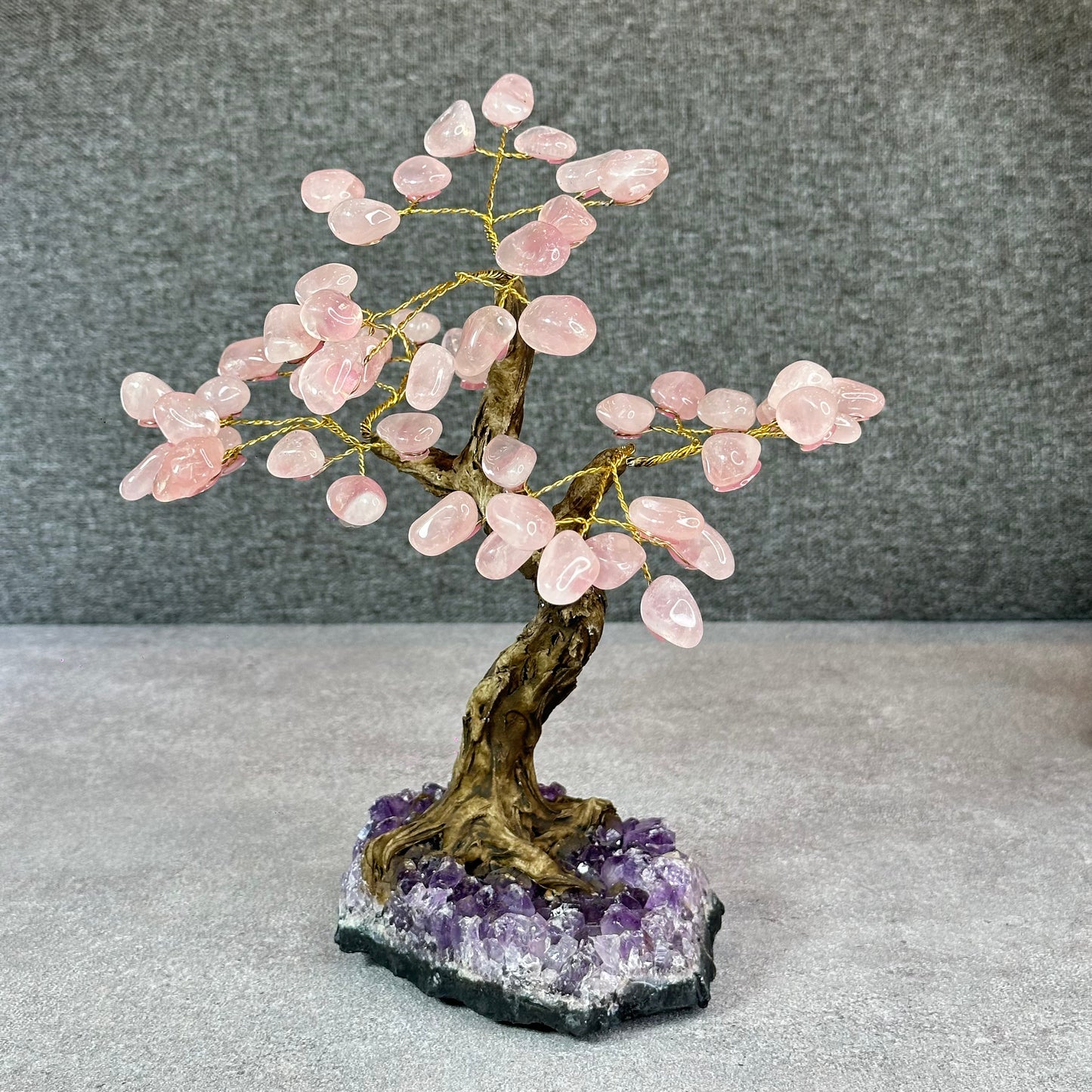 Natural Rose Quartz Bonsai Tree with Amethyst Base