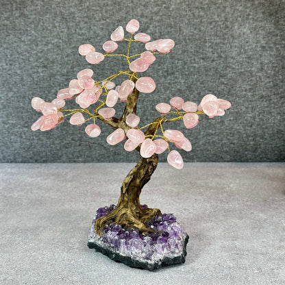 Natural Rose Quartz Bonsai Tree with Amethyst Base