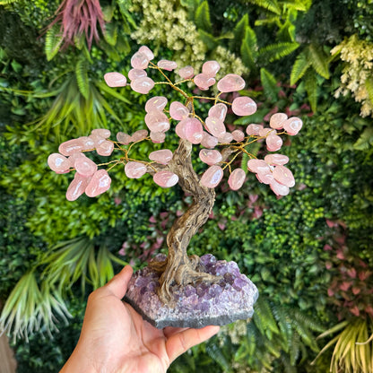 Natural Rose Quartz Bonsai Tree with Amethyst Base