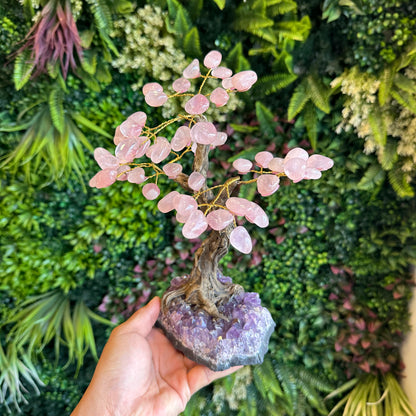 Natural Rose Quartz Bonsai Tree with Amethyst Base