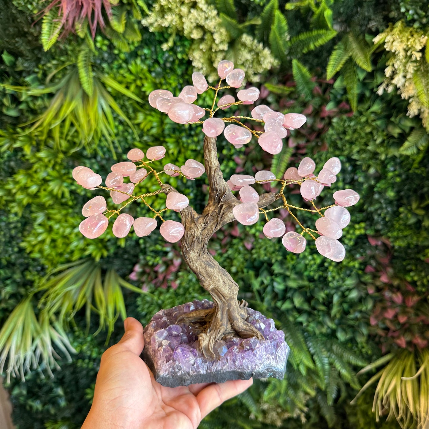 Natural Rose Quartz Bonsai Tree with Amethyst Base