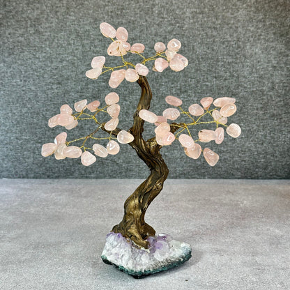 Natural Rose Quartz Bonsai Tree with Amethyst Base