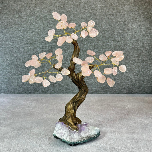 Natural Rose Quartz Bonsai Tree with Amethyst Base