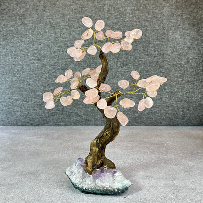 Natural Rose Quartz Bonsai Tree with Amethyst Base