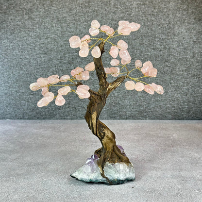 Natural Rose Quartz Bonsai Tree with Amethyst Base