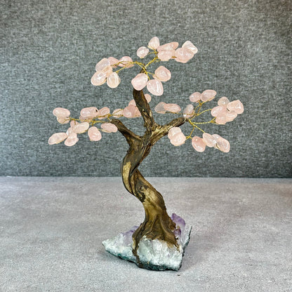 Natural Rose Quartz Bonsai Tree with Amethyst Base
