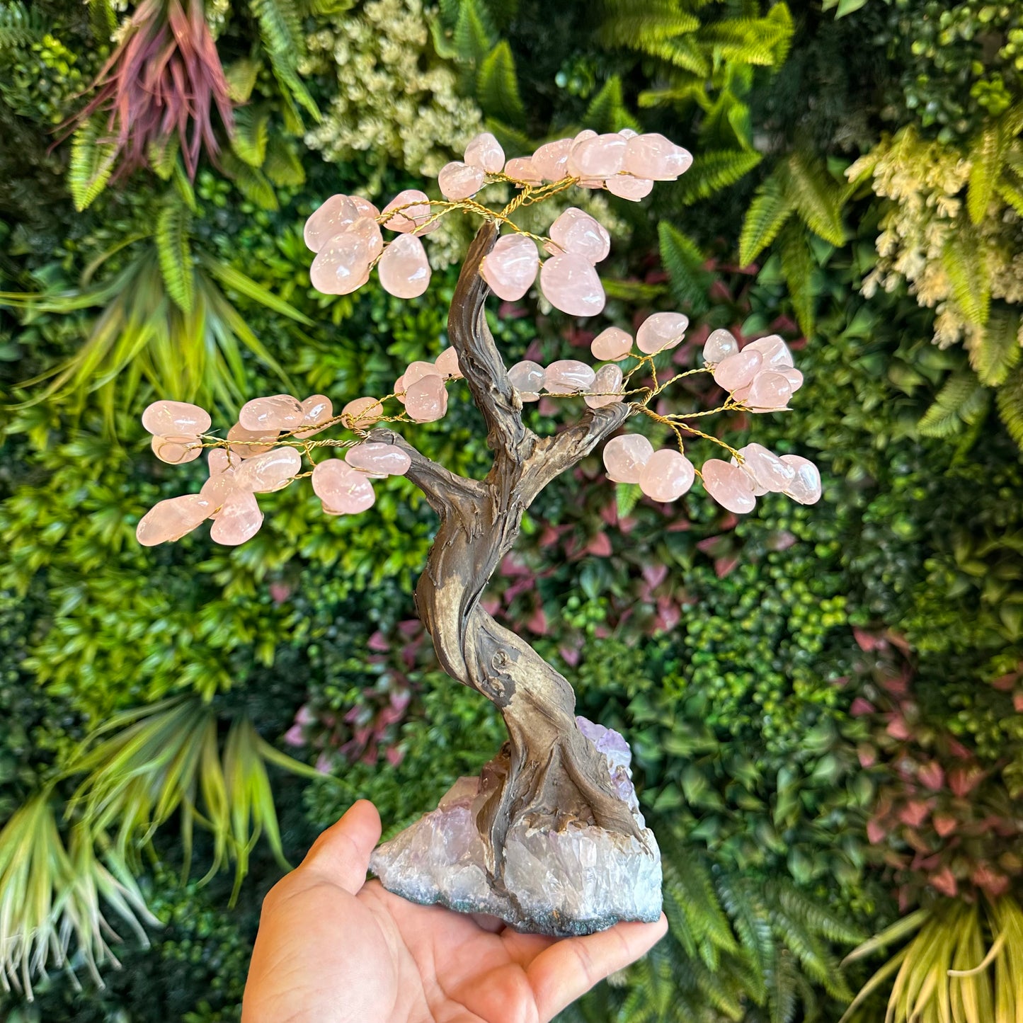 Natural Rose Quartz Bonsai Tree with Amethyst Base