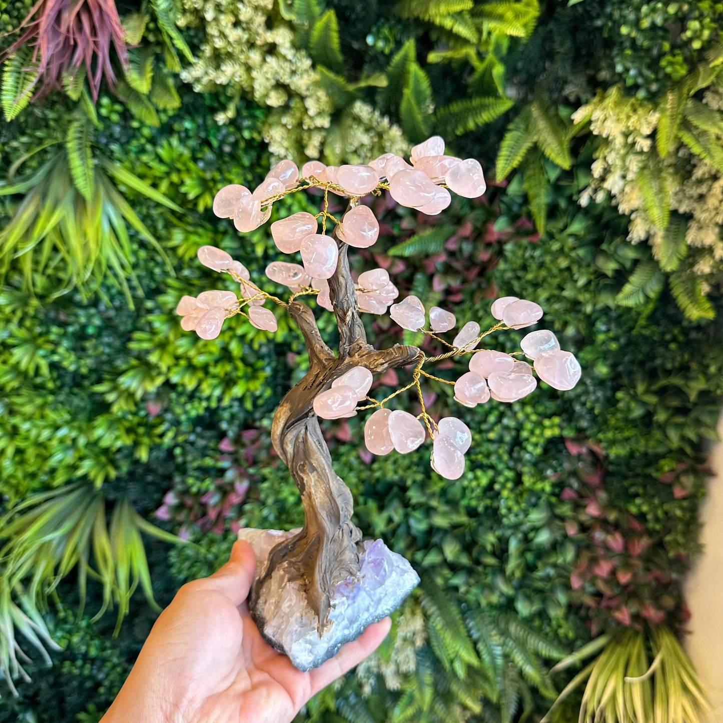 Natural Rose Quartz Bonsai Tree with Amethyst Base