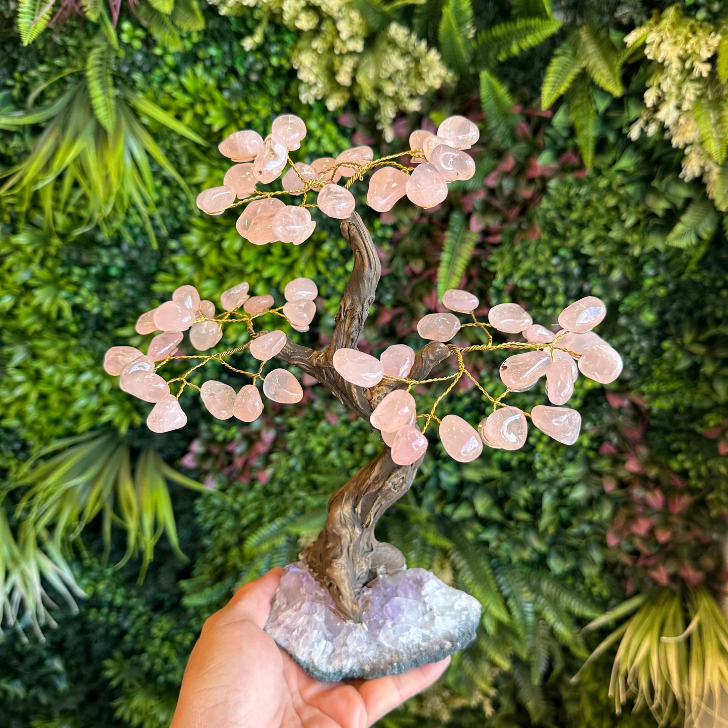 Natural Rose Quartz Bonsai Tree with Amethyst Base