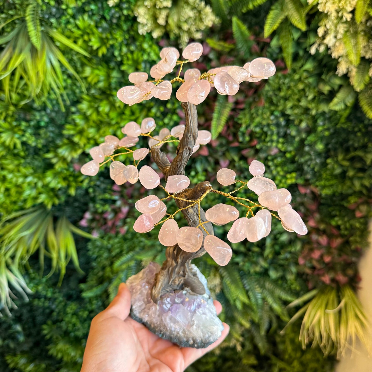 Natural Rose Quartz Bonsai Tree with Amethyst Base