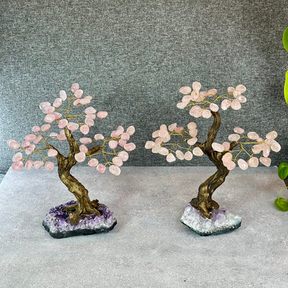 Natural Rose Quartz Bonsai Tree with Amethyst Base