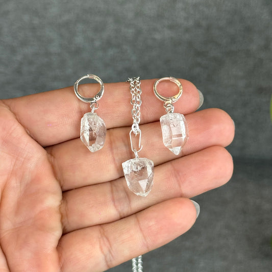 Natural Clear Quartz Point Faceted Earring Necklace Set Silver Plated