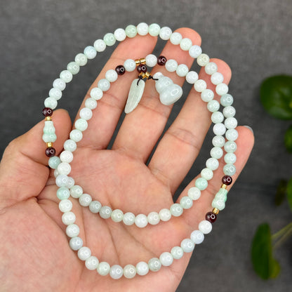 Natural Ivory Light Green Ho Lo Pendant Type A Jadeite Jade Triple Wrap Bracelet Size 6 mm