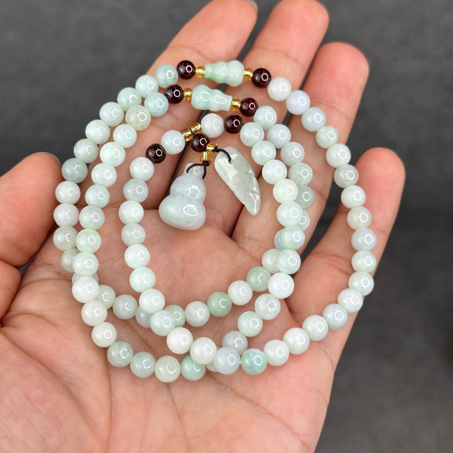Natural Ivory Light Green Ho Lo Pendant Type A Jadeite Jade Triple Wrap Bracelet Size 6 mm