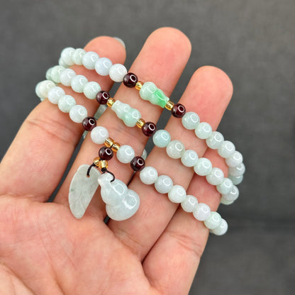 Natural Ivory Light Green Ho Lo Pendant Type A Jadeite Jade Triple Wrap Bracelet Size 6 mm