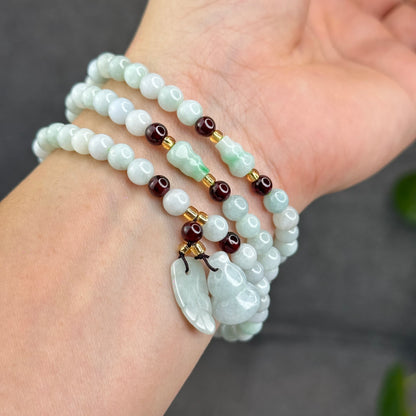 Natural Ivory Light Green Ho Lo Pendant Type A Jadeite Jade Triple Wrap Bracelet Size 6 mm