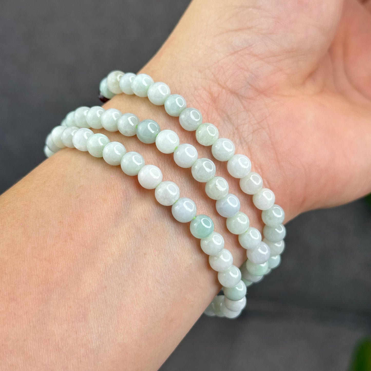 Natural Ivory Light Green Ho Lo Pendant Type A Jadeite Jade Triple Wrap Bracelet Size 6 mm