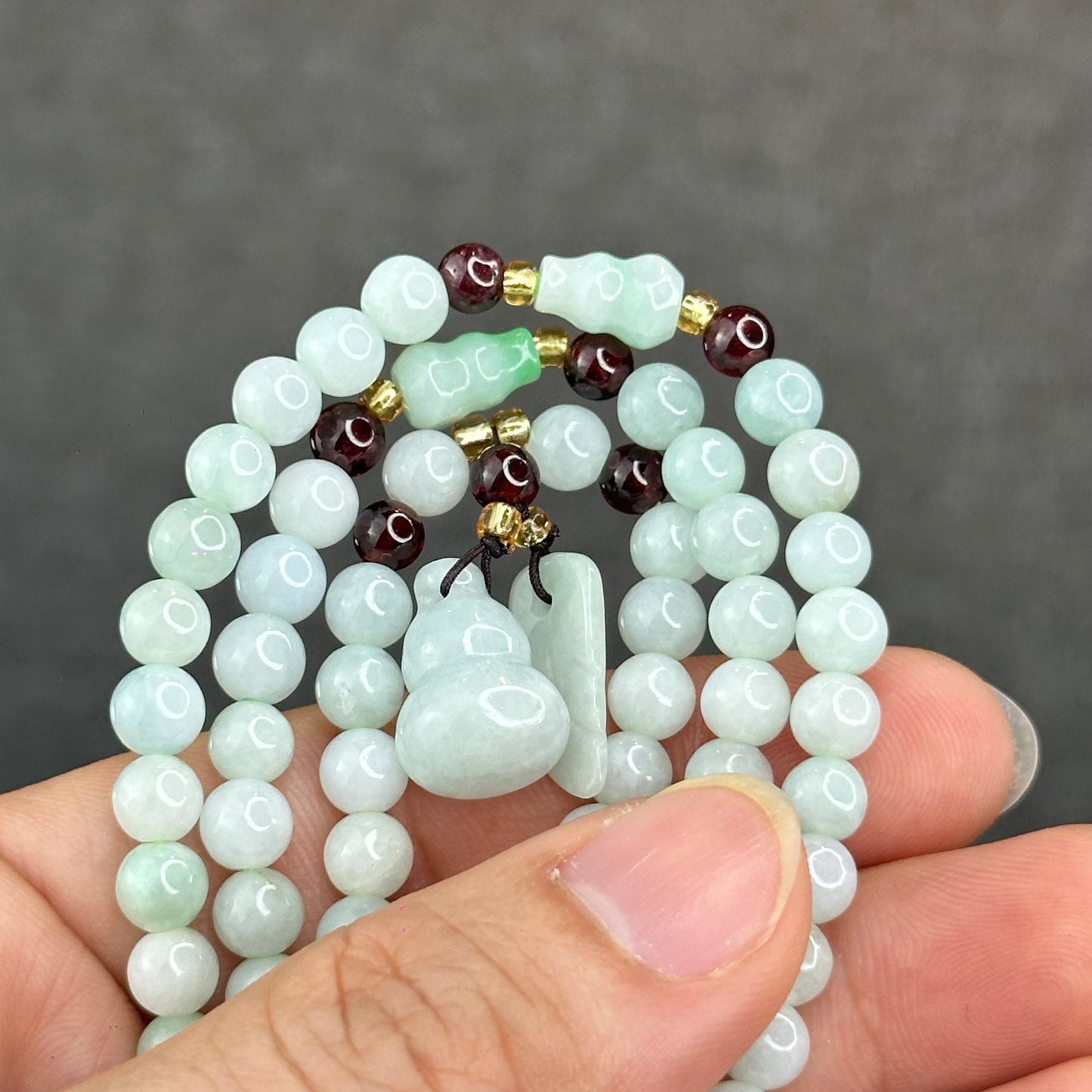 Natural Ivory Light Green Ho Lo Pendant Type A Jadeite Jade Triple Wrap Bracelet Size 6 mm