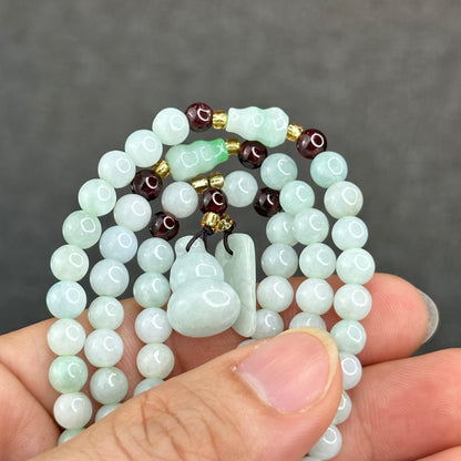 Natural Ivory Light Green Ho Lo Pendant Type A Jadeite Jade Triple Wrap Bracelet Size 6 mm